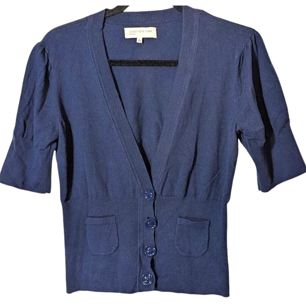 VTG Jones New York Sport Women's 3/4 Puff Sleeve Navy Button Cardigan Top Size L
